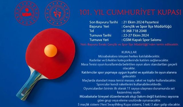 Gerze’de Cumhuriyet’in 101. Yılı Anısına Masa Tenisi Turnuvası Başlıyor